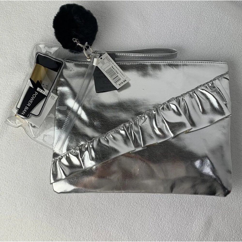 Metallic Pouch Clutch Purse Silver Ruffle Phone Charger Pompom Keychain NWT